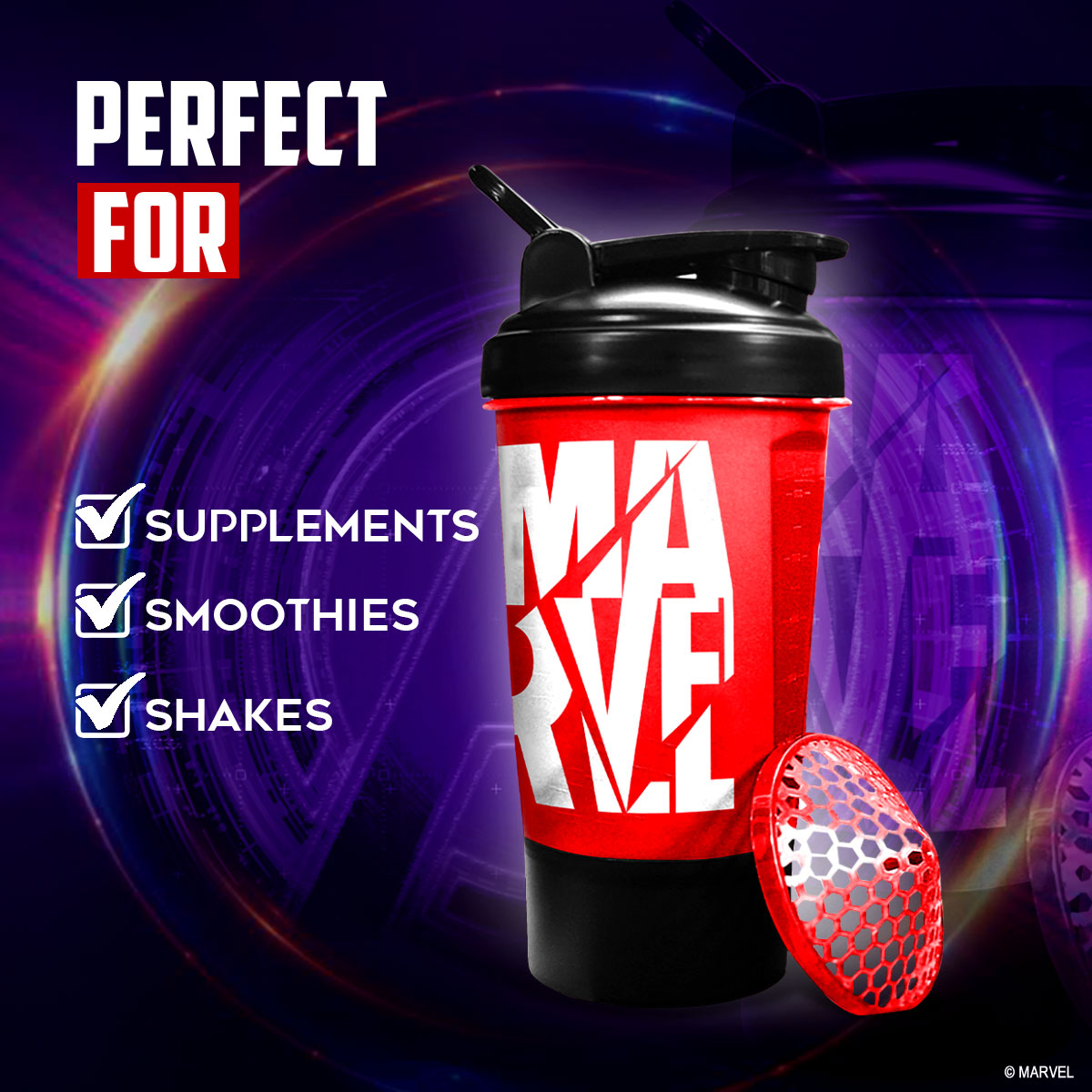 buy powermax x marvel msb-6s-m-red (600ml) marvel protein shaker bottle with single storage