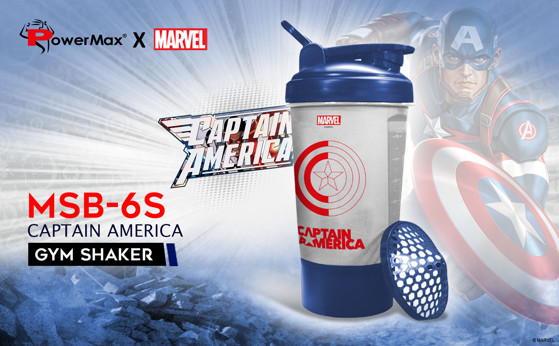 buy powermax x marvel msb-6s-ca-clear (600ml) captain america marvel edition protein shaker bottle with single storage