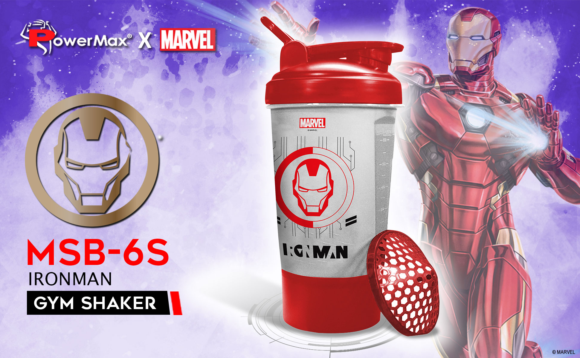 buy powermax x marvel msb-6s-im-clear (600ml) ironman marvel edition protein shaker bottle with single storage