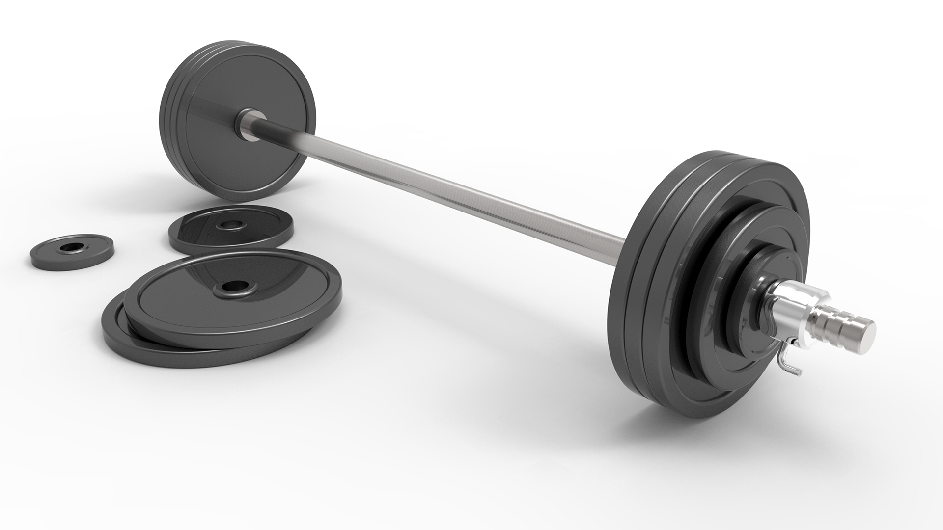 A barbell loaded with various weight plates